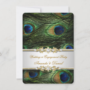 Convites Casamento ou Noivado Azul Verde Dourado do Pavão