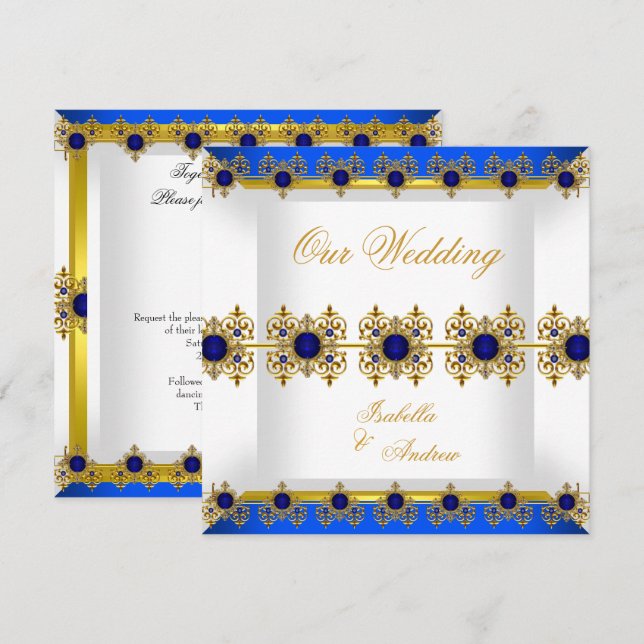 Convites Casamento Ouro Azul Real Gema Branco (Frente/Verso)