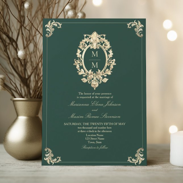 Convites Casamento Ouro Barroco Verde Esmeralda (Criador carregado)