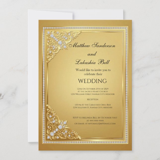 Convites Casamento Ouro Diamantes Elegante (Frente)