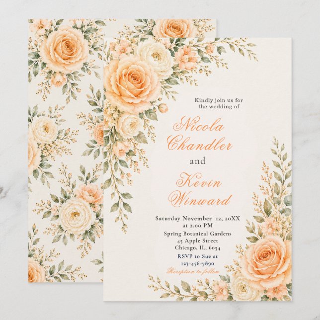 Convites Casamento Ouro e Pêssego (Frente/Verso)