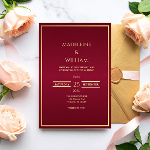 Convites Casamento Ouro e Vermelho Borgonha Old Money