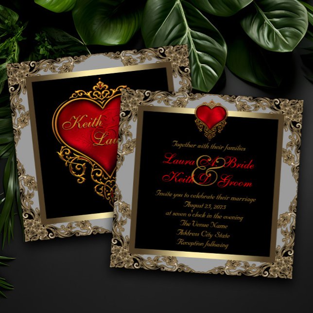Convites Casamento Ouro Preto e Coração Vermelho (Elegant red, black gold heart invitations.)