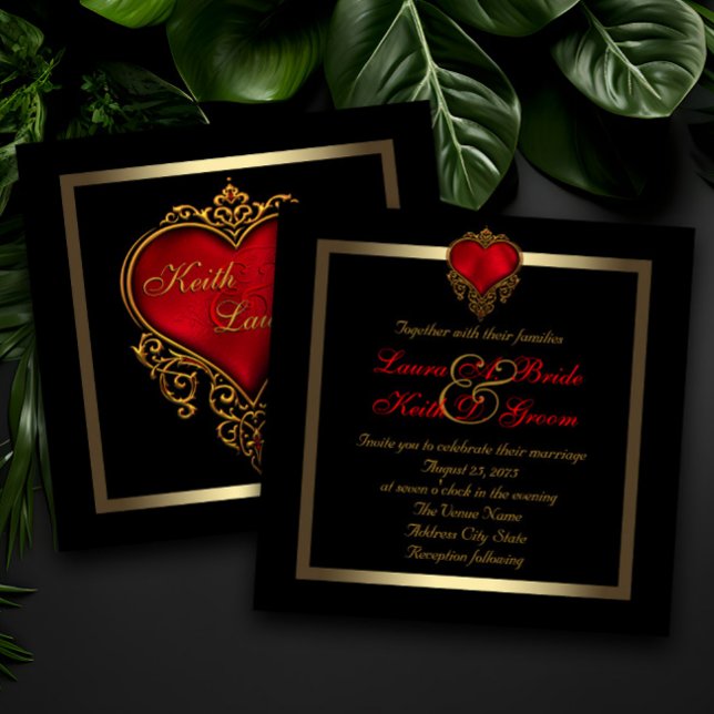 Convites Casamento Ouro Preto e Coração Vermelho (Dramatic elegant red, black and gold wedding invitation with beautiful red and gold heart.)
