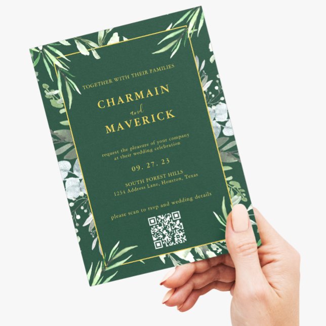 Convites Casamento Ouro Texto Borda Minimalista Floresta Ve (Criador carregado)