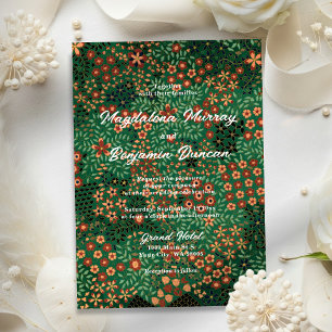 Convites Casamento Ousado com Floral Verde Escuro Vermelho 
