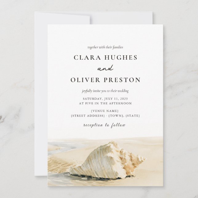 Convites Casamento Outer Banks com Script de Creme de Conch (Frente)