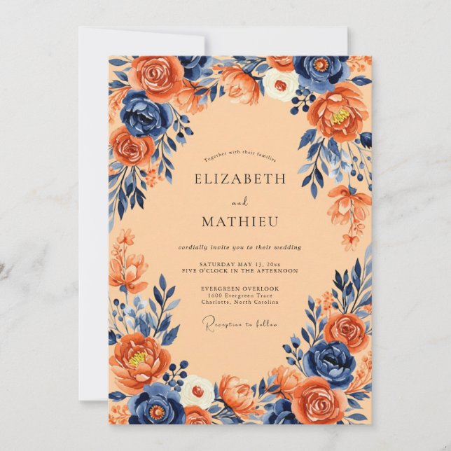 Convites Casamento Outonal Abundante em Azul Marinho (Frente)