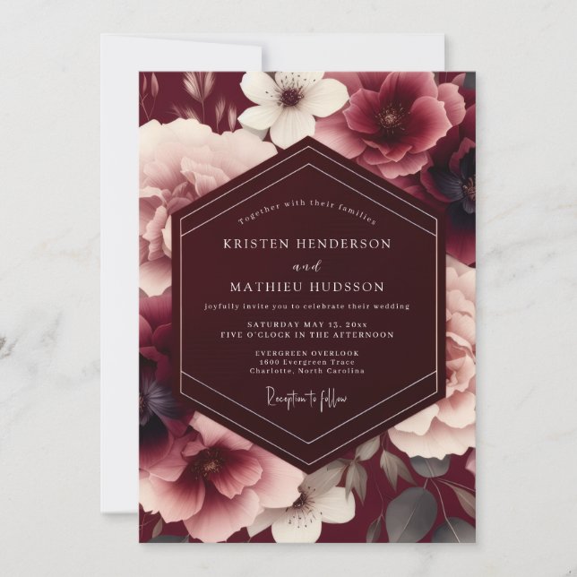 Convites Casamento Outonal Aveludado Borgonha (Frente)