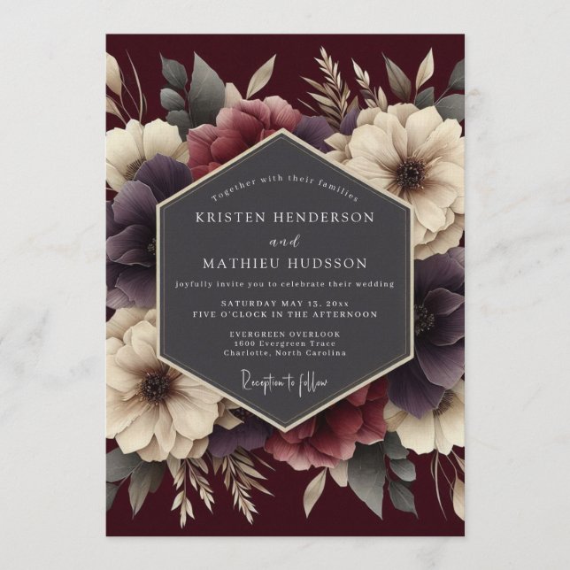 Convites Casamento Outonal Burgundy Aveludado (Frente)