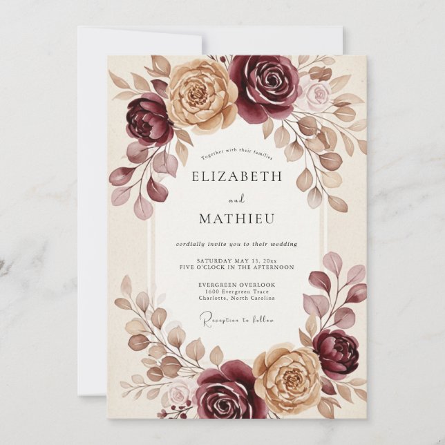 Convites Casamento Outonal Burgundy Ornate (Frente)
