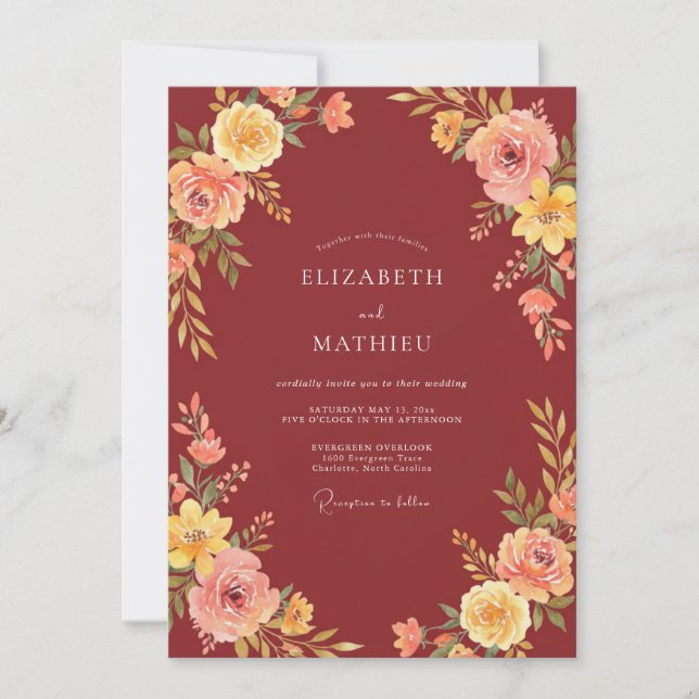 Convites Casamento Outonal Burgundy Vintage (Frente)