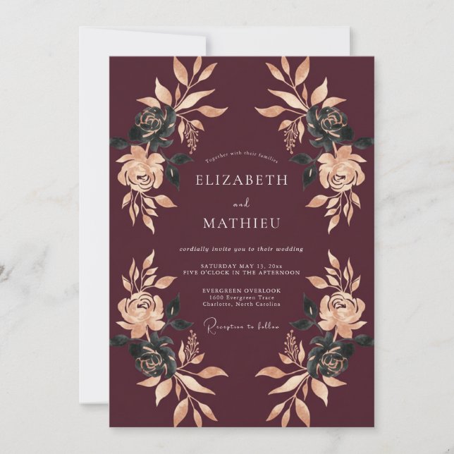 Convites Casamento Outonal Dourado Borgonha (Frente)