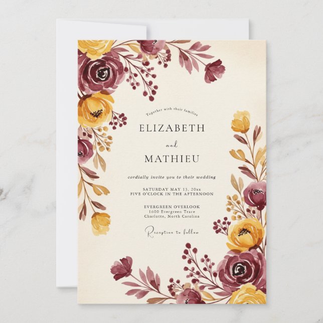 Convites Casamento Outonal Dourado Borgonha (Frente)