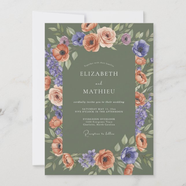 Convites Casamento Outonal Elegante em Verde Sage (Frente)