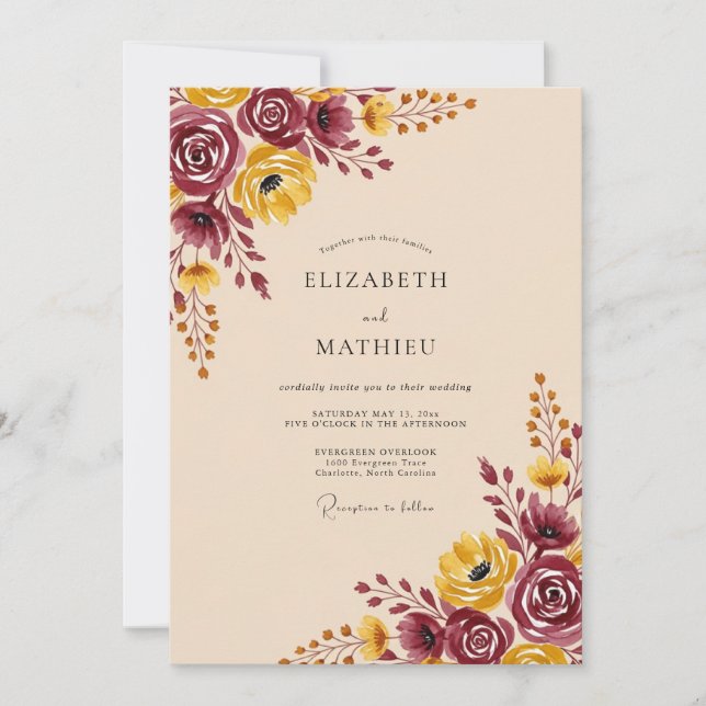 Convites Casamento Outonal em Aquarela Borgonha (Frente)