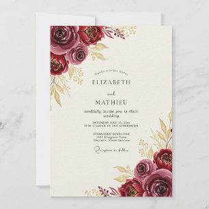 Convites Casamento Outonal Encantador em Dourado e Borgonha
