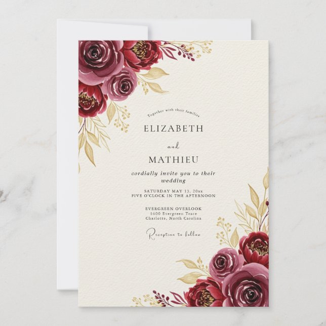 Convites Casamento Outonal Encantador em Dourado e Borgonha (Frente)