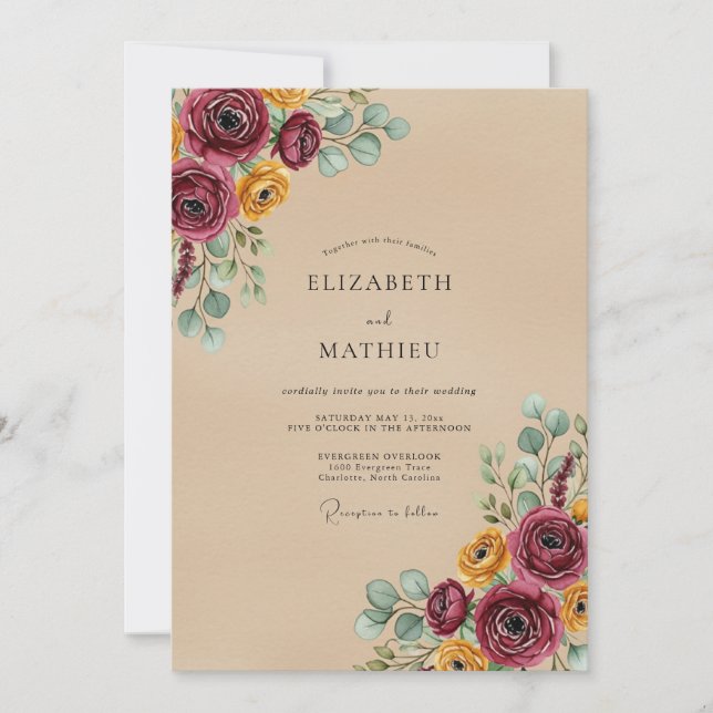 Convites Casamento Outonal Floral Bege (Frente)