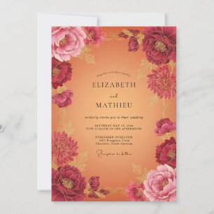 Convites Casamento Outonal Floral Dourado Borgonha