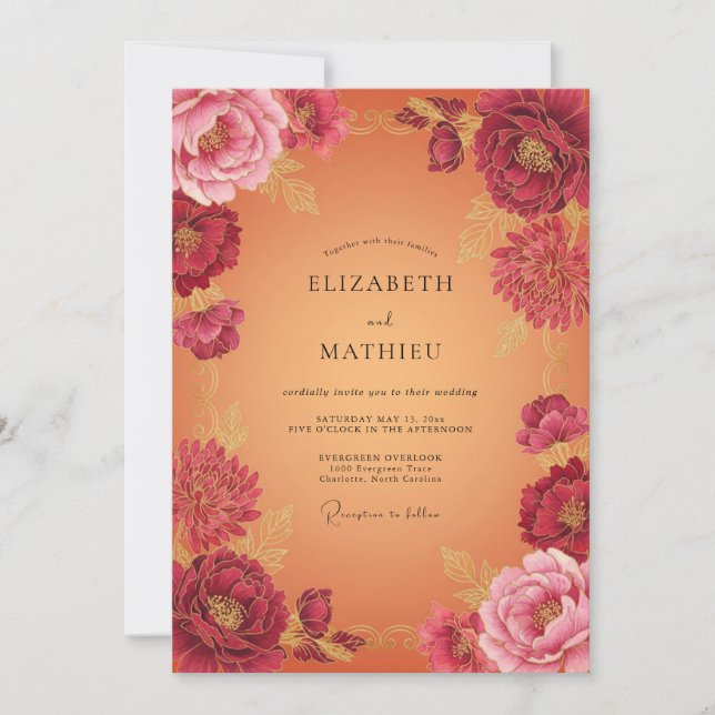 Convites Casamento Outonal Floral Dourado Borgonha (Frente)