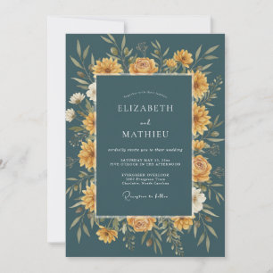 Convites Casamento Outonal Floral Dourado Turquesa