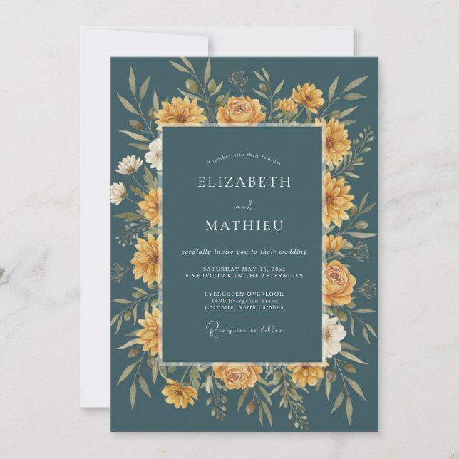 Convites Casamento Outonal Floral Dourado Turquesa (Frente)