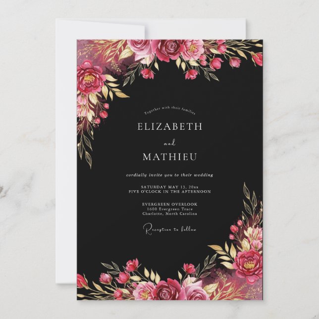 Convites Casamento Outonal Floral Pintura Borgonha (Frente)