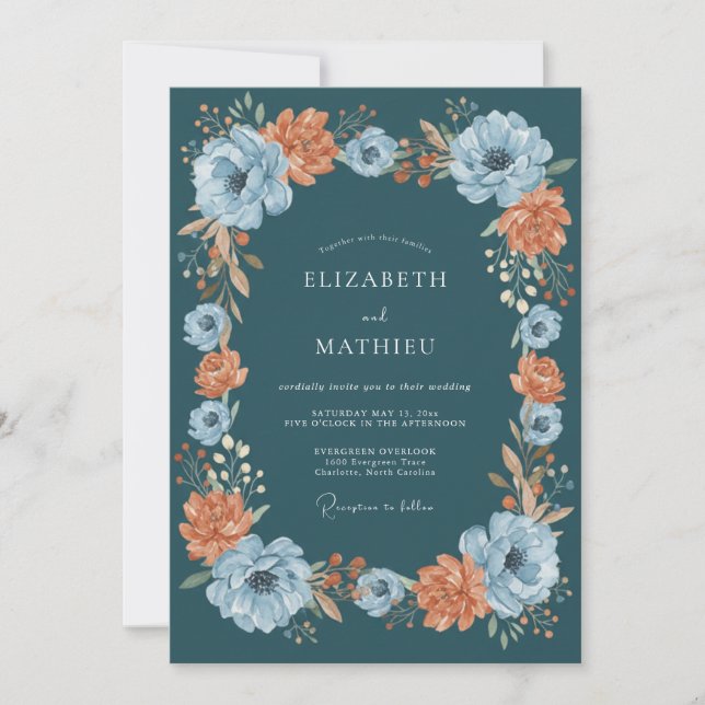Convites Casamento Outonal Floral Turquesa (Frente)