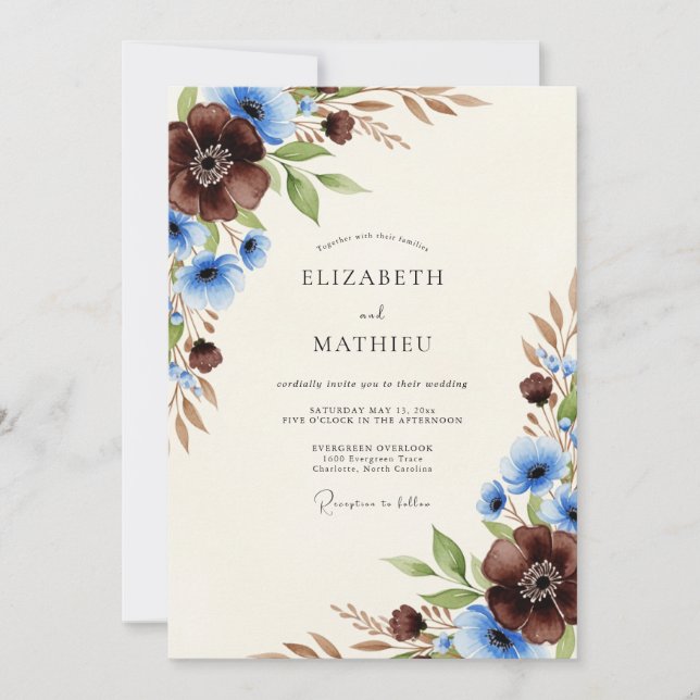 Convites Casamento Outonal Florestal Azul Chocolate (Frente)
