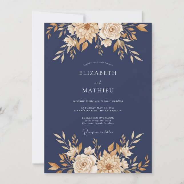 Convites Casamento Outonal Luxuoso Azul Naval (Frente)