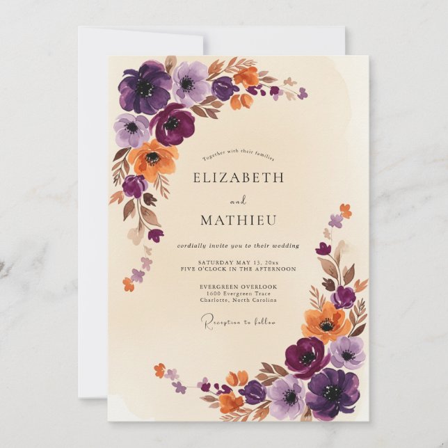 Convites Casamento Outonal Majestoso com Ameixas (Frente)