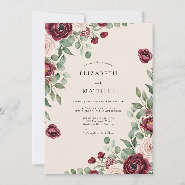 Convites Casamento Outonal Opulento Borgonha (Frente)