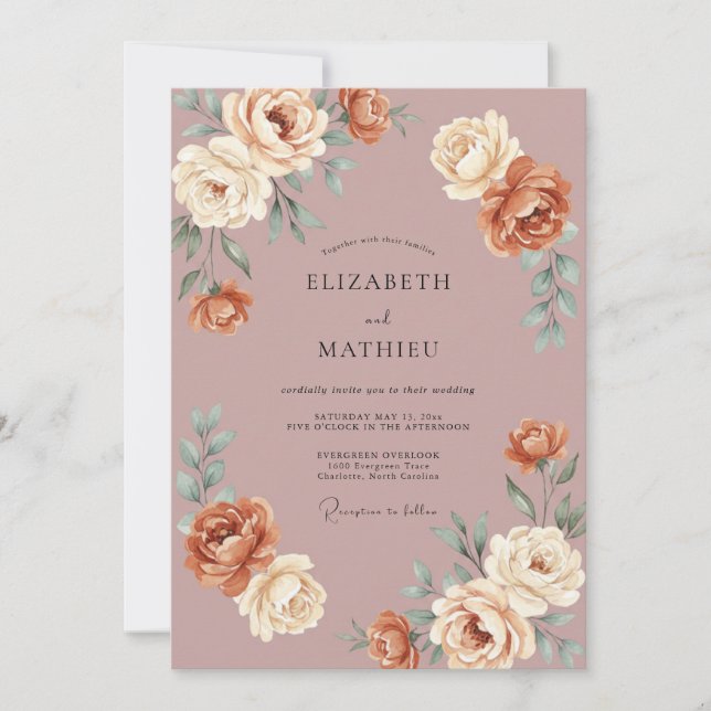 Convites Casamento Outonal Opulento Rosa Empoeirado (Frente)