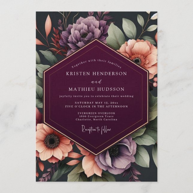 Convites Casamento Outonal Ornamentado com Ameixa (Frente)