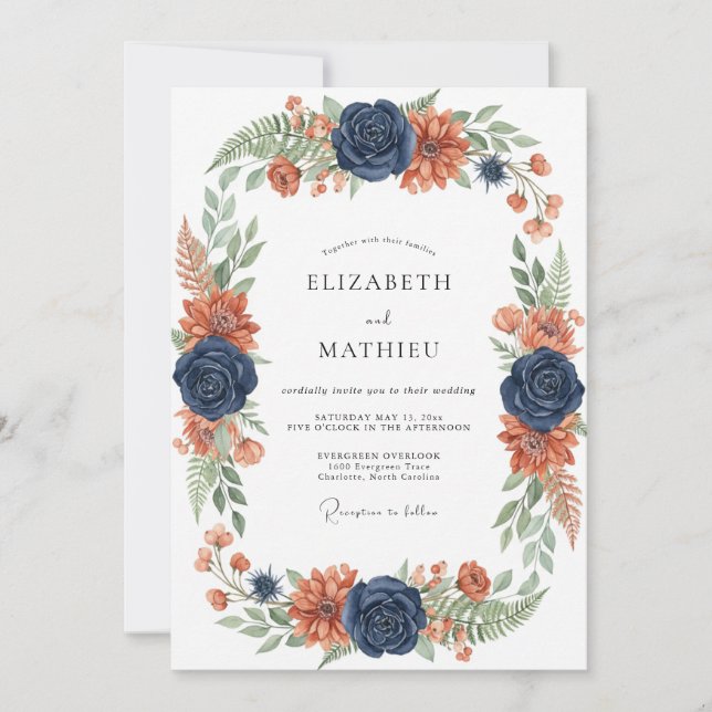 Convites Casamento Outonal Ousado em Tons de Azul Marinho (Frente)