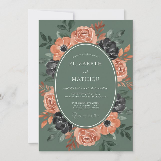 Convites Casamento Outonal Ousado em Verde Sage (Frente)