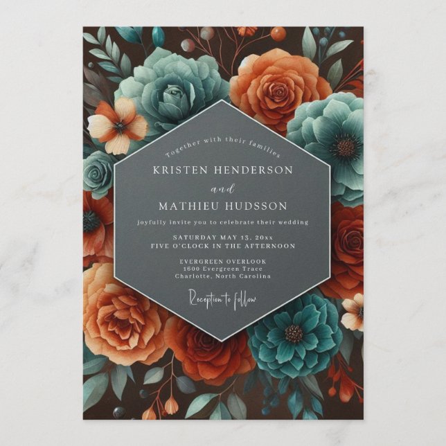 Convites Casamento Outonal Paprika Azul-Verde (Frente)