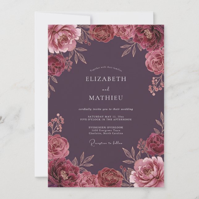 Convites Casamento Outonal Profundo e Elegante em Plum (Frente)