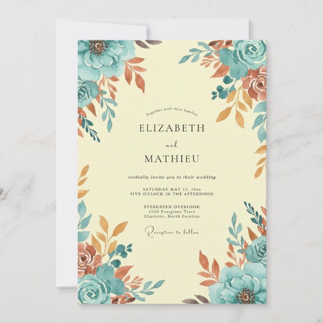 Convites Casamento Outonal Quente Turquesa (Frente)