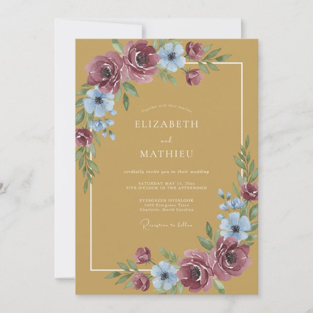 Convites Casamento Outonal Radiante em Amarelo Mostarda (Frente)