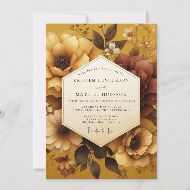 Convites Casamento Outonal Rico em Amarelo Mostarda (Frente)