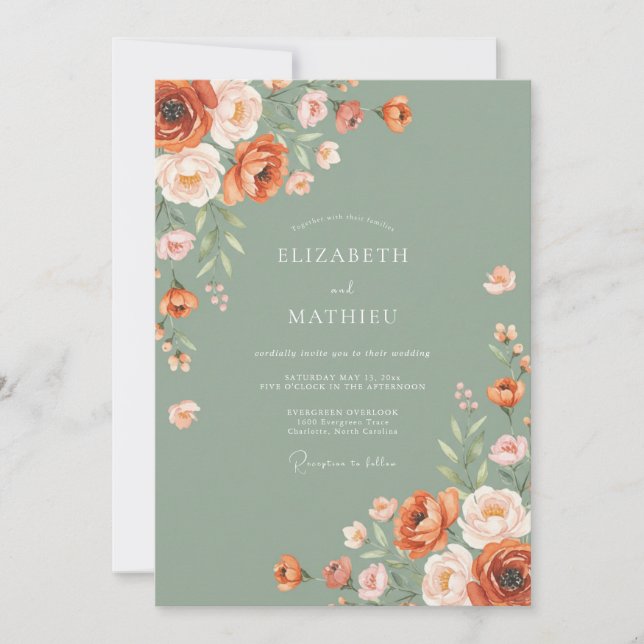 Convites Casamento Outonal Rústico em Verde Oliva (Frente)