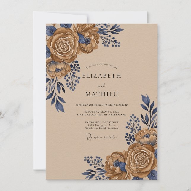Convites Casamento Outonal Terroso Azul Marinho (Frente)
