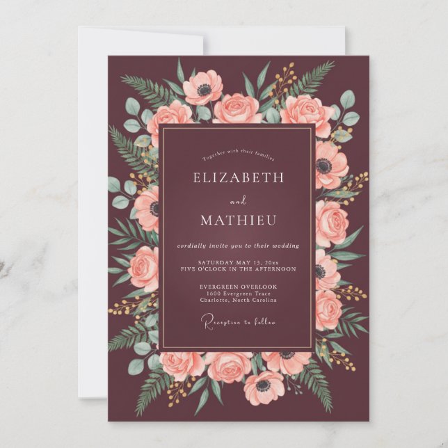 Convites Casamento Outonal Verde Burgundy (Frente)