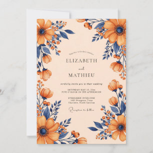 Convites Casamento Outonal Vibrante Azul Marinho e Laranja