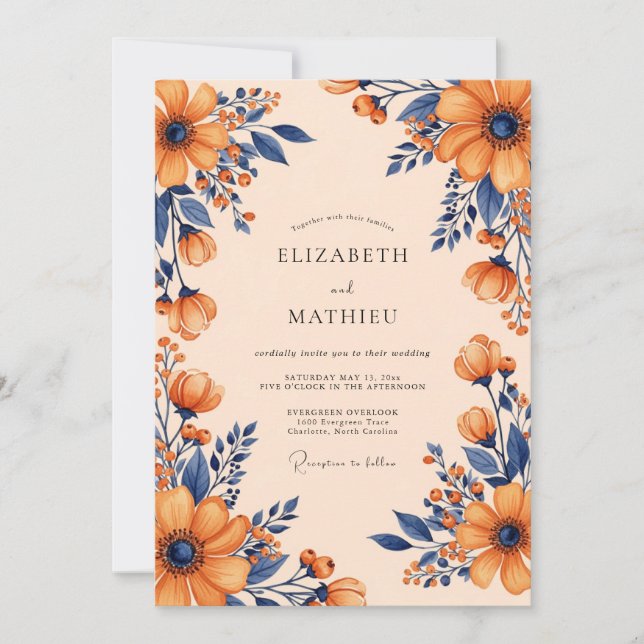 Convites Casamento Outonal Vibrante Azul Marinho e Laranja  (Frente)