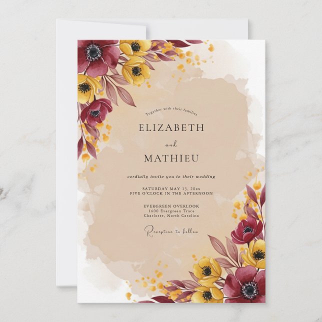 Convites Casamento Outonal Vibrante Borgonha (Frente)