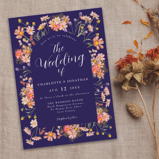 Convites Casamento outono Boho Chic Floral Arch (Elegant boho rustic floral navy blue fall wedding invitation Modern script watercolor wild flowers )