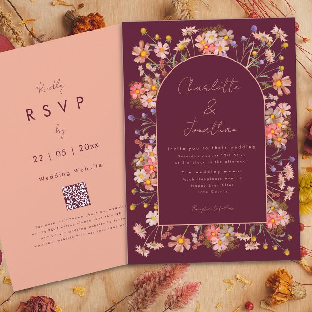 Convites Casamento outono Burgundy do Arch Chic Boho (Elegant wildflower arch burgundy terracotta burnt orange peach fall wedding invitation )